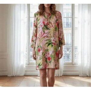 J Jill Dress Womens Medium Tropical Floral Bell Sleeve Tassel Tie Tunic Beachy